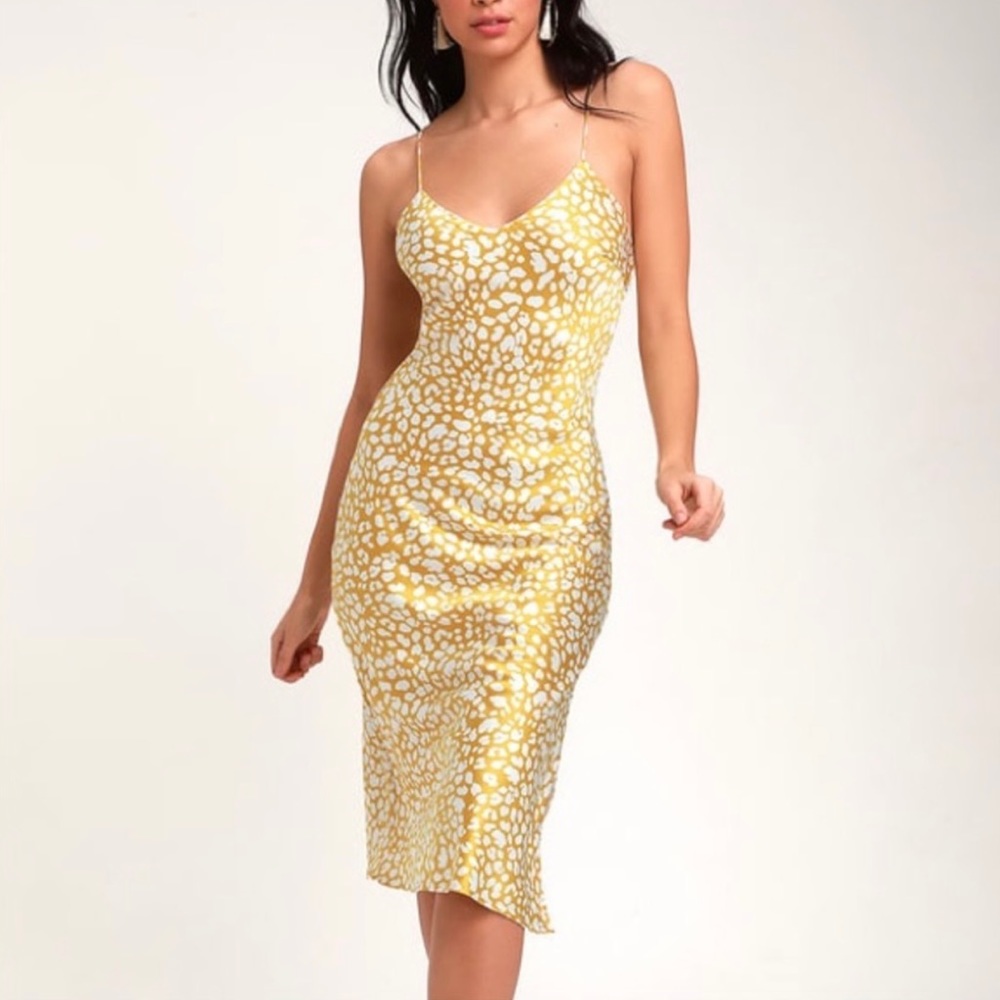 NWT Yellow Leopard Print Satin Midi Dress